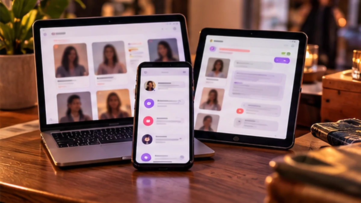 Ordinateur, tablette et téléphone affichant différents formats de rencontre en ligne