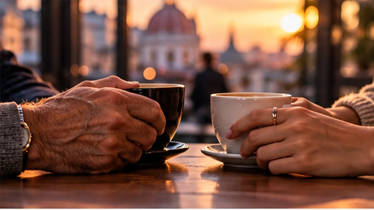 Deux adultes d’âges différents partageant un café au coucher du soleil