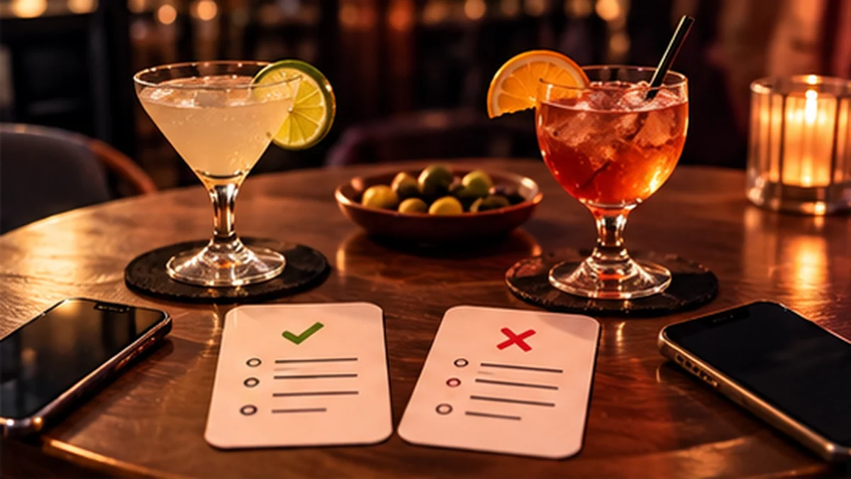 Deux cocktails, téléphones et cartes de choix pour illustrer les règles d’une relation légère