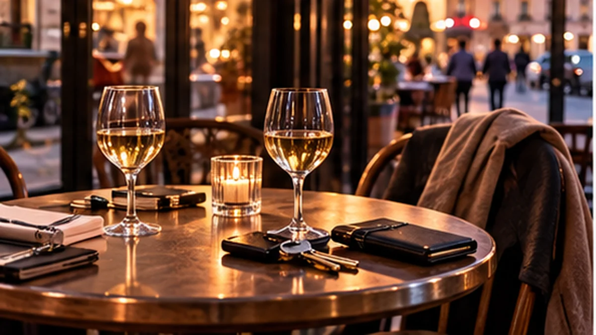 Table de café préparée pour un premier rendez-vous avec deux verres, clés et téléphone
