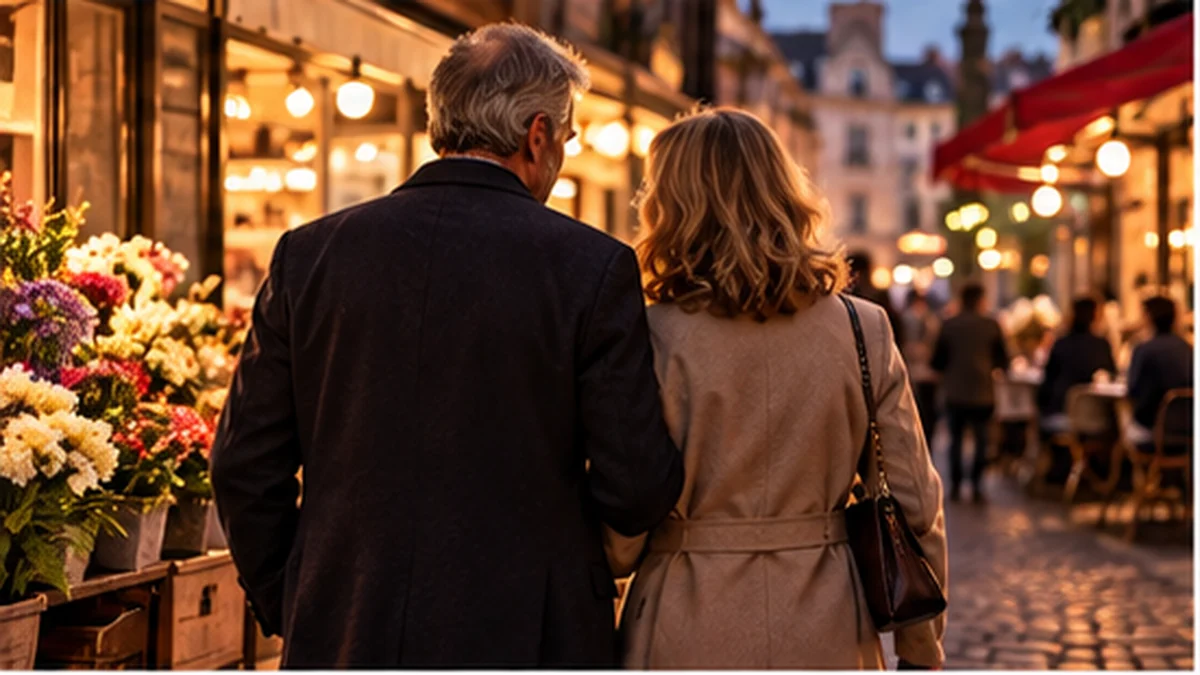 Couple adulte marchant dans une rue animée en soirée