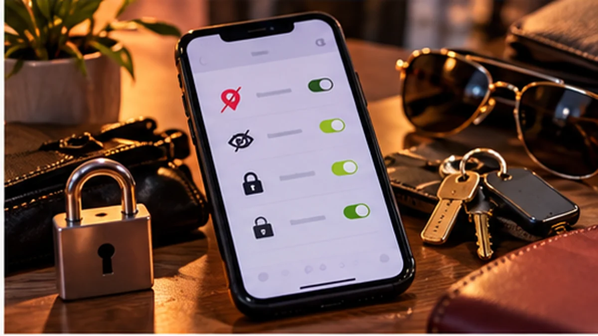 Téléphone affichant des réglages de confidentialité avec cadenas, clés et lunettes