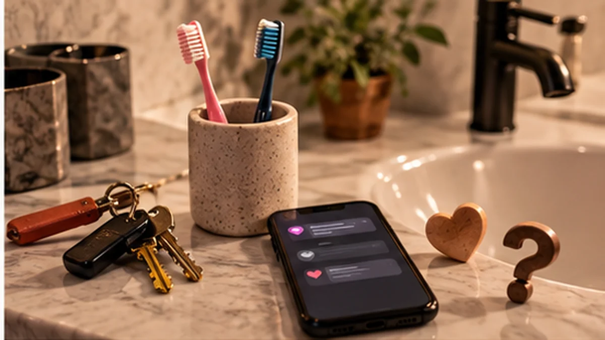 Deux brosses à dents, clés, téléphone et symboles de relation dans une salle de bain