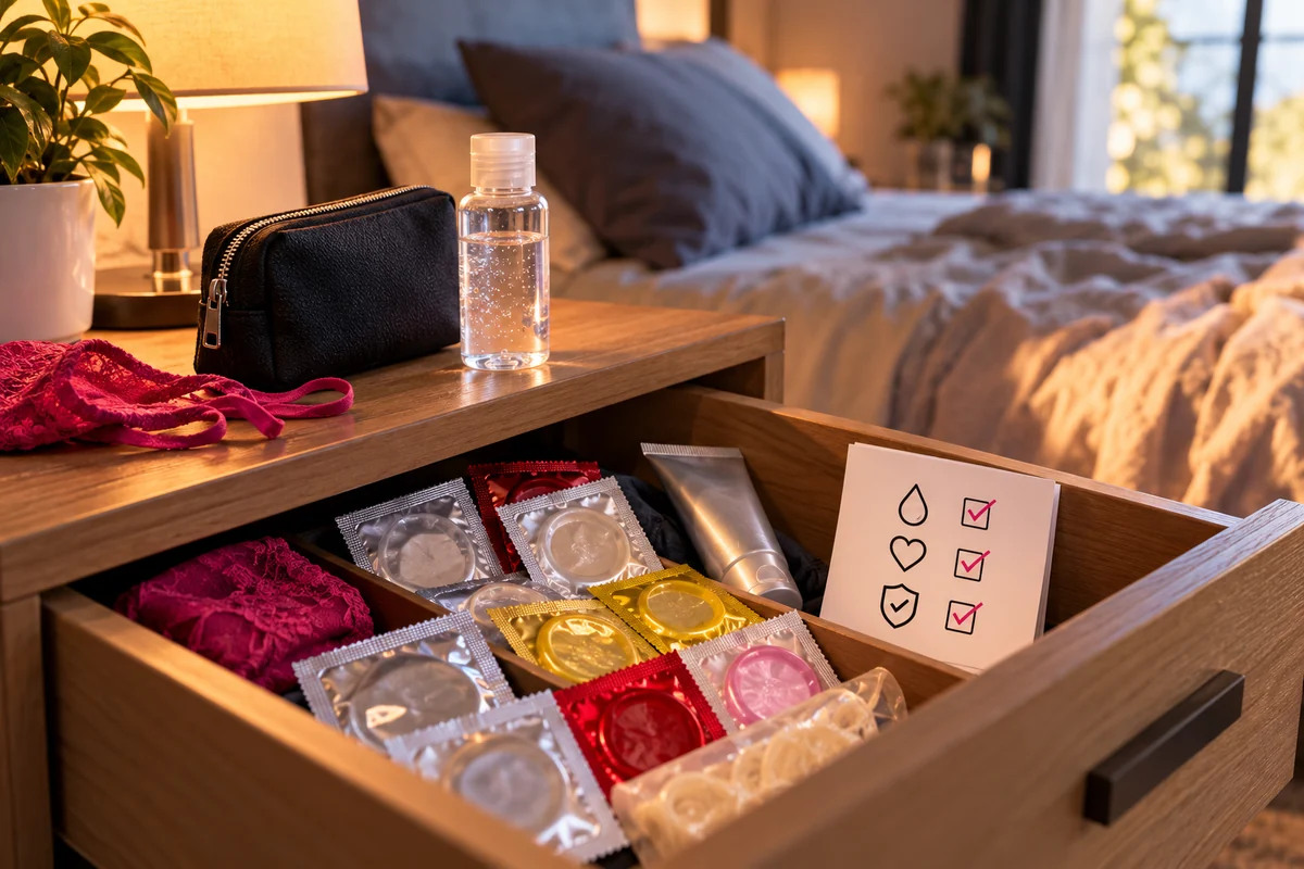 Préservatifs et lubrifiant rangés dans une table de nuit