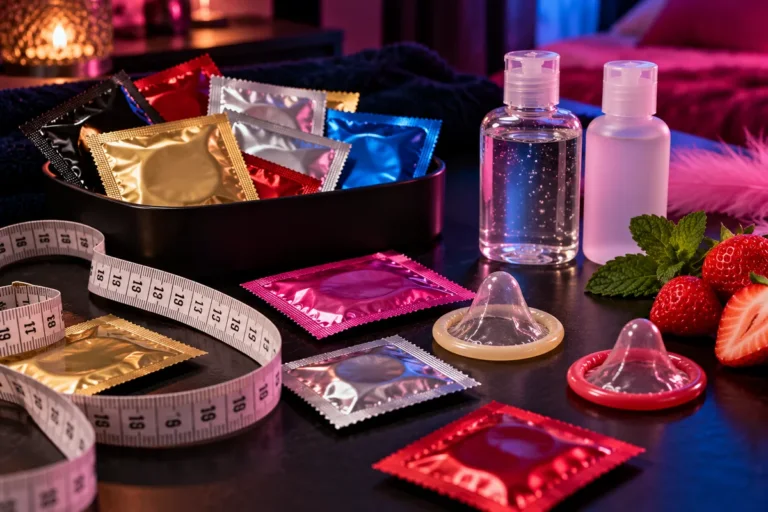 Préservatifs, lubrifiants et mètre ruban sur une table sombre