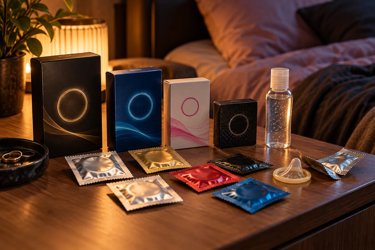 Préservatifs et lubrifiant dans une ambiance de chambre